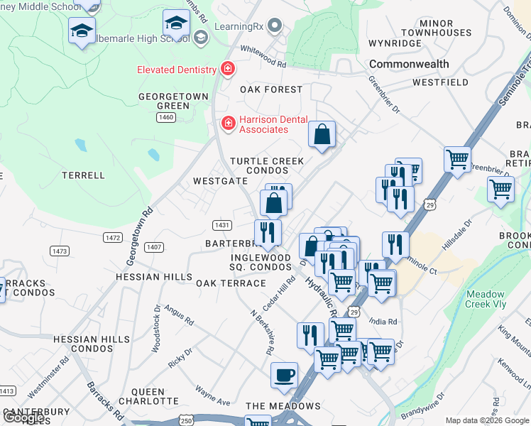 map of restaurants, bars, coffee shops, grocery stores, and more near 110 Turtle Creek Road in Charlottesville