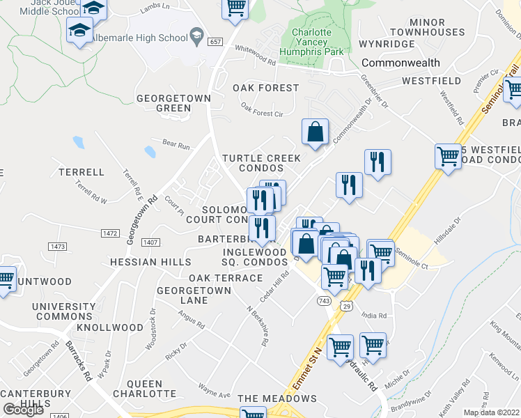 map of restaurants, bars, coffee shops, grocery stores, and more near 110 Turtle Creek Road in Charlottesville