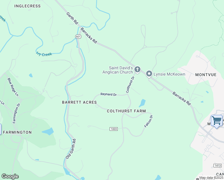 map of restaurants, bars, coffee shops, grocery stores, and more near 105 Reynard Drive in Charlottesville