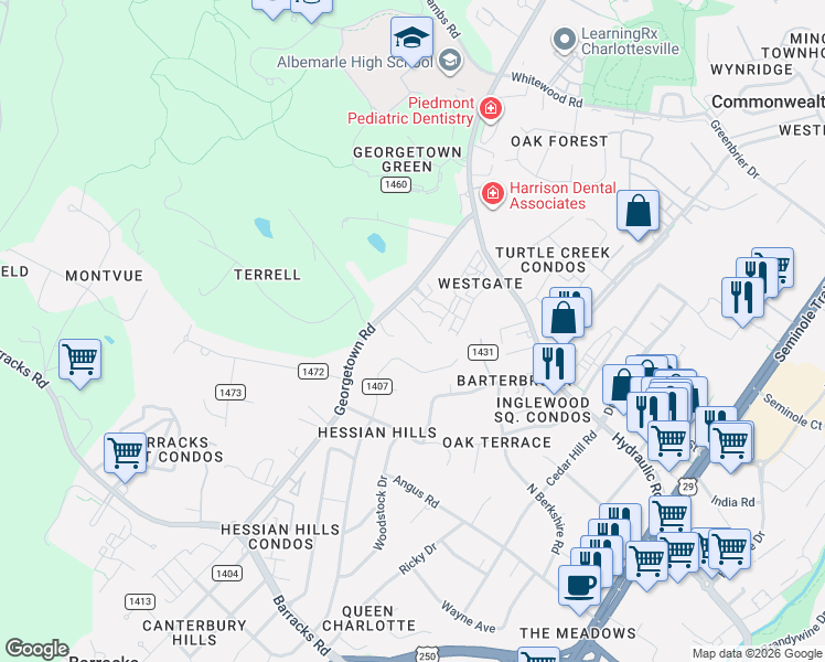 map of restaurants, bars, coffee shops, grocery stores, and more near 55 Court Place in Charlottesville
