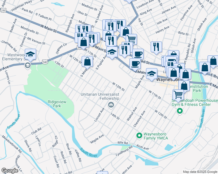 map of restaurants, bars, coffee shops, grocery stores, and more near 456 Cherry Avenue in Waynesboro