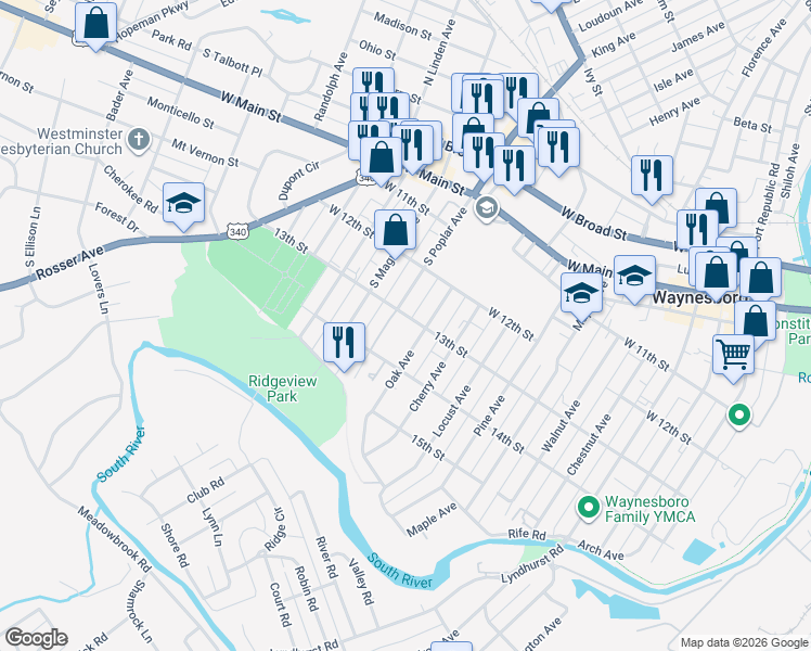 map of restaurants, bars, coffee shops, grocery stores, and more near 501 Oak Avenue in Waynesboro