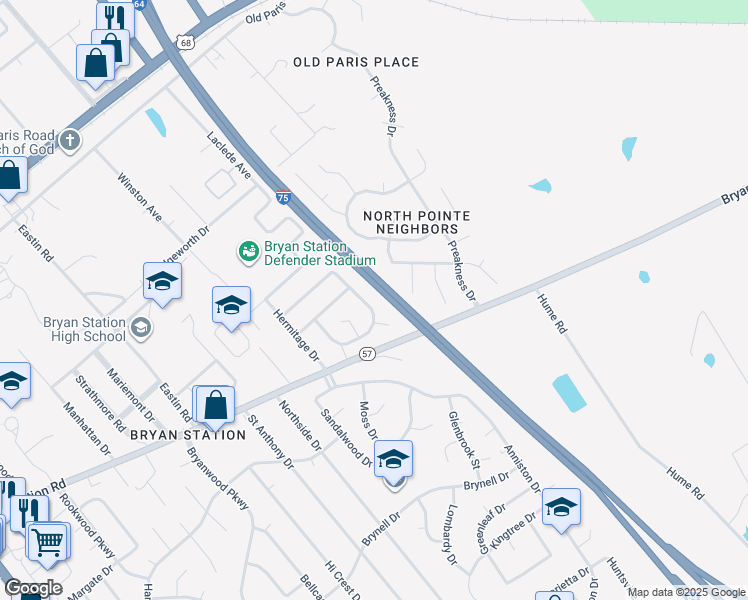 map of restaurants, bars, coffee shops, grocery stores, and more near 2011 Spring Station Drive in Lexington