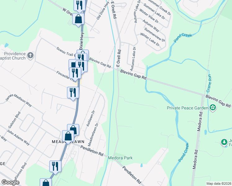 map of restaurants, bars, coffee shops, grocery stores, and more near 13003 East Orell Road in Louisville