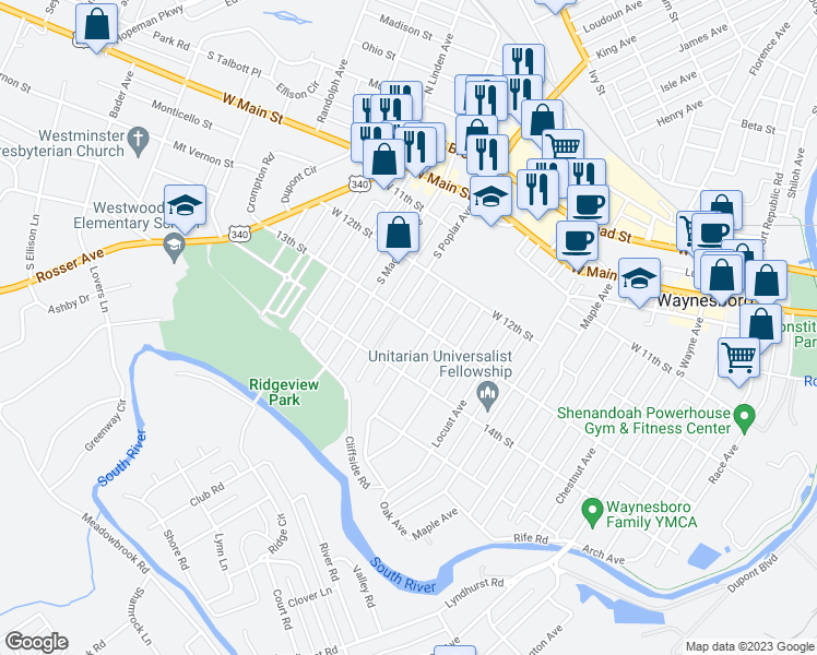 map of restaurants, bars, coffee shops, grocery stores, and more near 501 Oak Avenue in Waynesboro