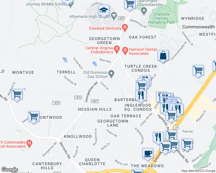 map of restaurants, bars, coffee shops, grocery stores, and more near 66 Court Place in Charlottesville