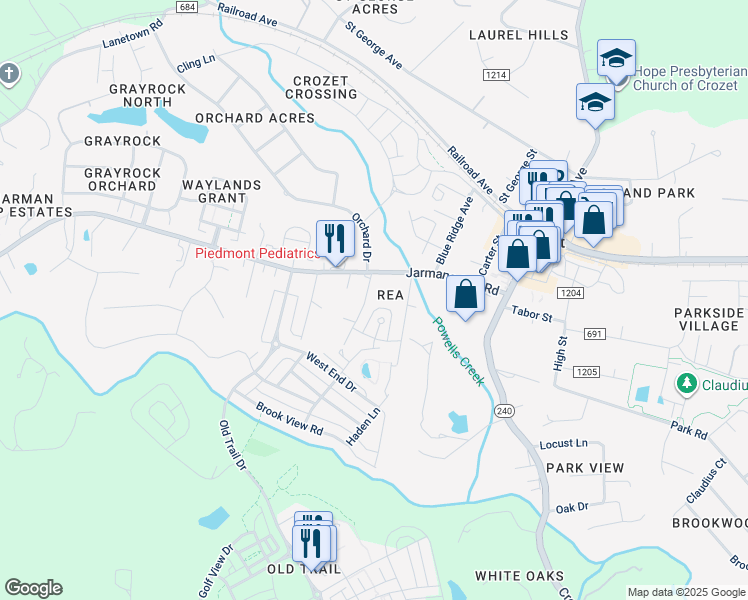 map of restaurants, bars, coffee shops, grocery stores, and more near 1137 Killdeer Lane in Crozet