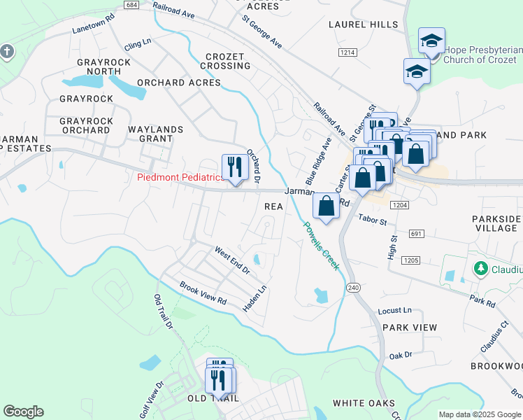 map of restaurants, bars, coffee shops, grocery stores, and more near 1137 Killdeer Lane in Crozet