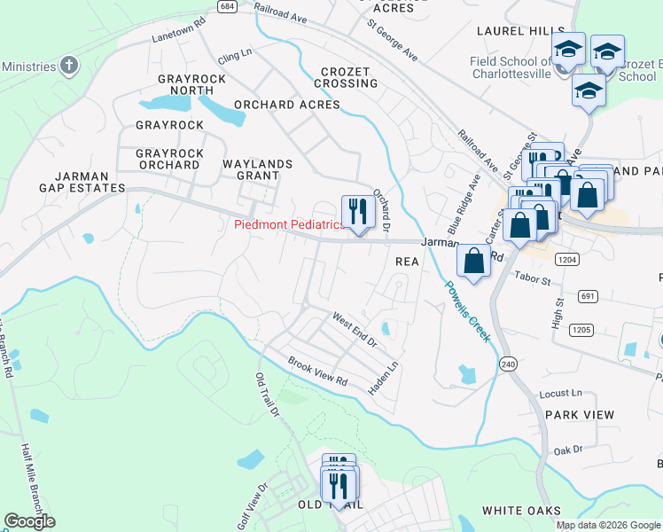 map of restaurants, bars, coffee shops, grocery stores, and more near 6106 Rothwell Lane in Crozet