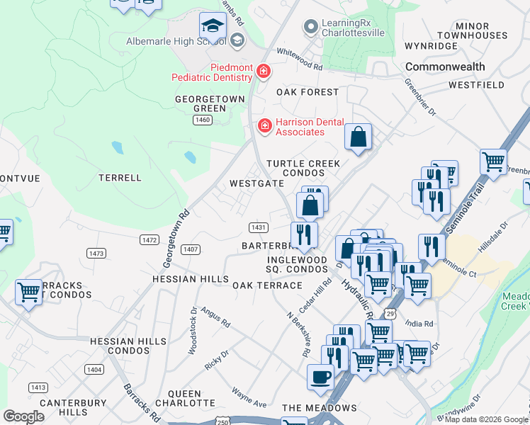 map of restaurants, bars, coffee shops, grocery stores, and more near 2444 North Berkshire Road in Charlottesville