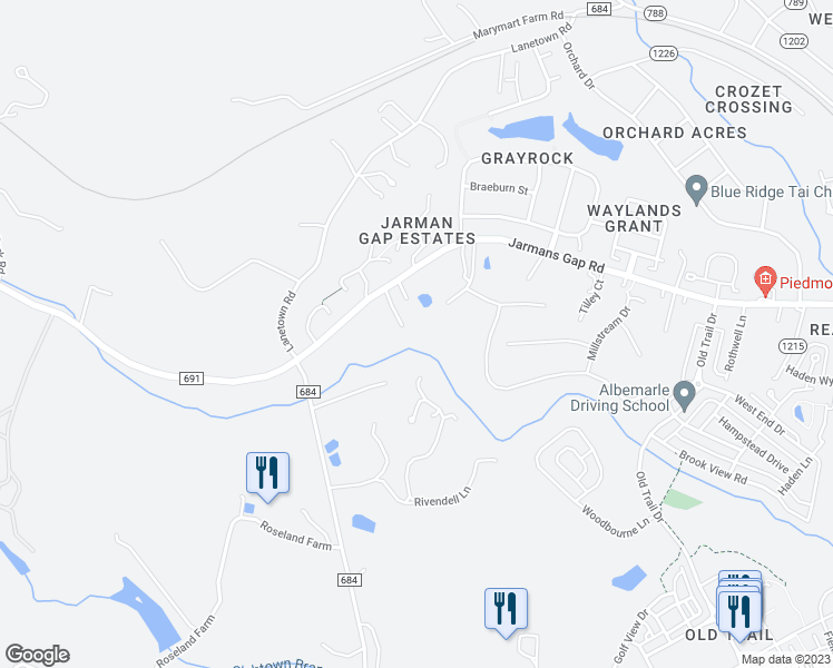 map of restaurants, bars, coffee shops, grocery stores, and more near 6285 Jarmans Gap Road in Crozet