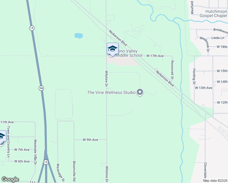 map of restaurants, bars, coffee shops, grocery stores, and more near 1314 Wilshire Drive in Hutchinson