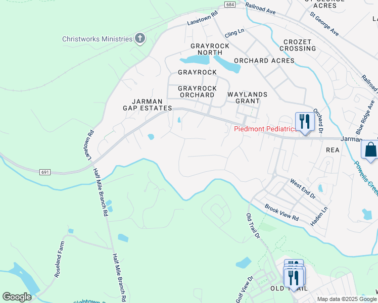map of restaurants, bars, coffee shops, grocery stores, and more near 6950 Windmere Lane in Crozet