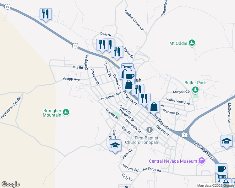 map of restaurants, bars, coffee shops, grocery stores, and more near Brougher Avenue in Tonopah