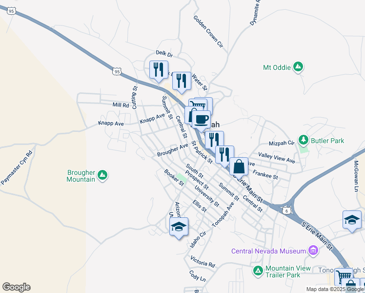 map of restaurants, bars, coffee shops, grocery stores, and more near Brougher Avenue in Tonopah