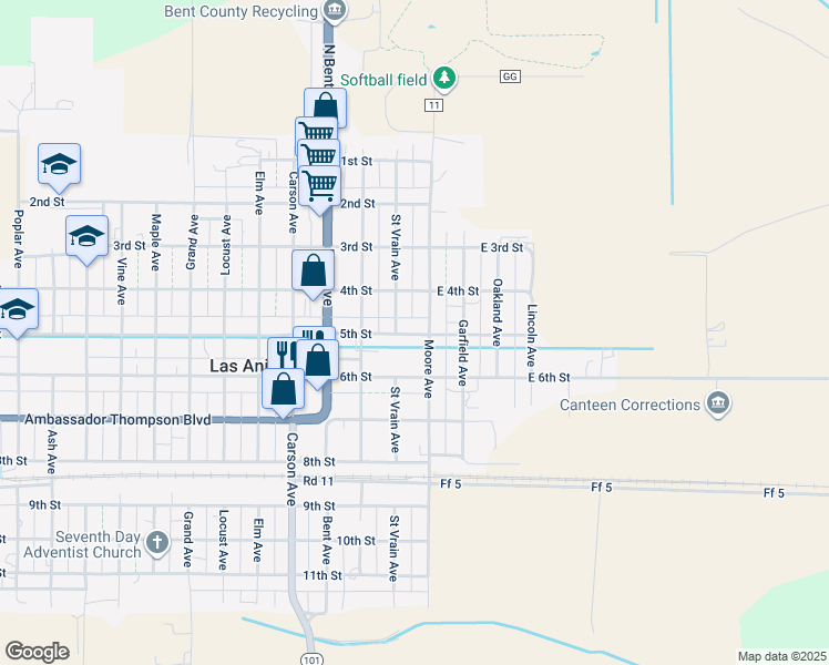 map of restaurants, bars, coffee shops, grocery stores, and more near 572 Moore Ave in Las Animas