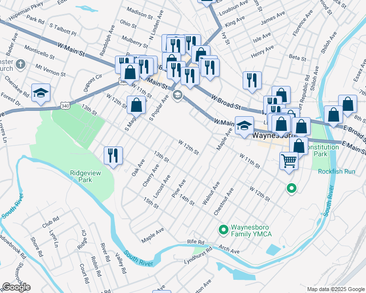 map of restaurants, bars, coffee shops, grocery stores, and more near 420 Locust Avenue in Waynesboro