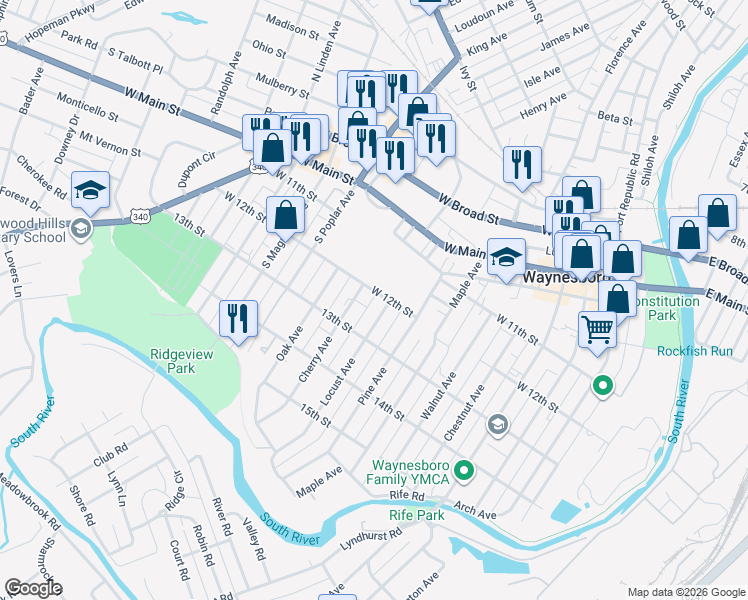 map of restaurants, bars, coffee shops, grocery stores, and more near 420 Locust Avenue in Waynesboro