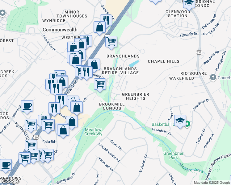 map of restaurants, bars, coffee shops, grocery stores, and more near 560 Millstone Court in Charlottesville