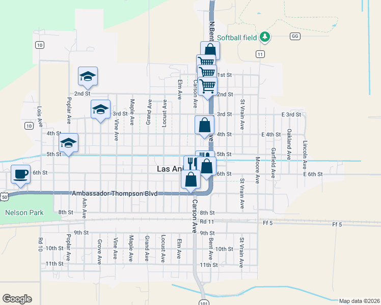 map of restaurants, bars, coffee shops, grocery stores, and more near 522 Carson Avenue in Las Animas