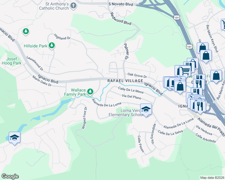 map of restaurants, bars, coffee shops, grocery stores, and more near 498 Calle De La Mesa in Novato