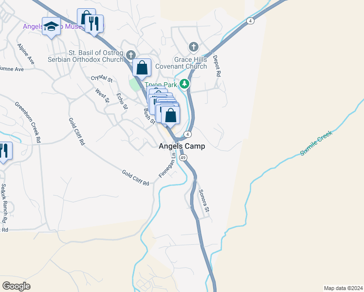 map of restaurants, bars, coffee shops, grocery stores, and more near in Angels Camp