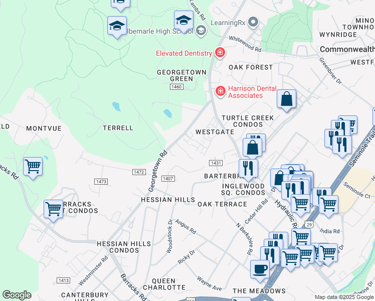 map of restaurants, bars, coffee shops, grocery stores, and more near 81 Barclay Place Court in Charlottesville