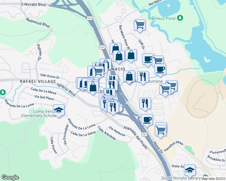 map of restaurants, bars, coffee shops, grocery stores, and more near 349 Enfrente Road in Novato