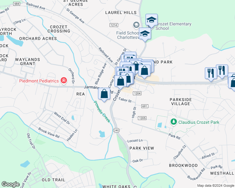 map of restaurants, bars, coffee shops, grocery stores, and more near Crozet Avenue in Crozet