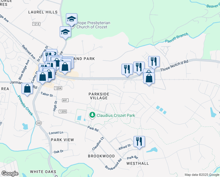 map of restaurants, bars, coffee shops, grocery stores, and more near 752 Park Ridge Drive in Crozet