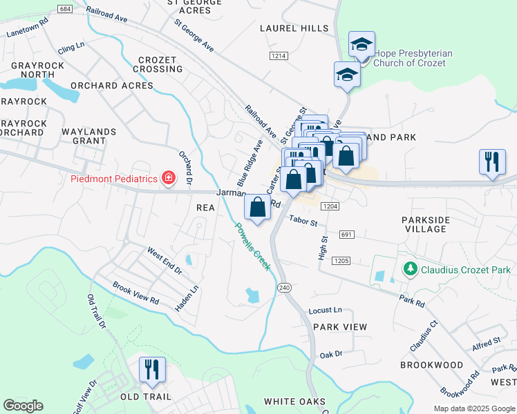 map of restaurants, bars, coffee shops, grocery stores, and more near 5857 Jarmans Gap Road in Crozet