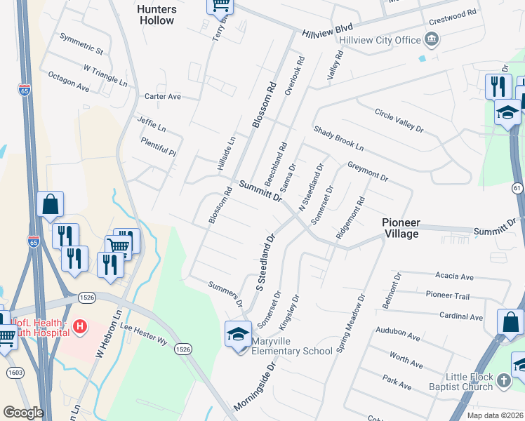 map of restaurants, bars, coffee shops, grocery stores, and more near 1059 Summitt Drive in Louisville