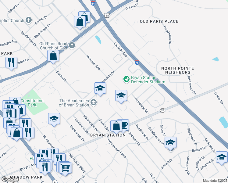 map of restaurants, bars, coffee shops, grocery stores, and more near 201 Eastin Road in Lexington