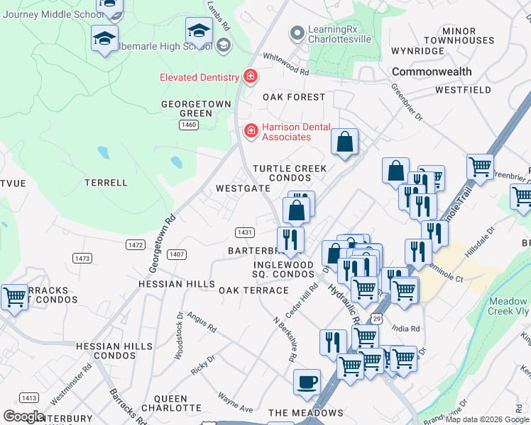 map of restaurants, bars, coffee shops, grocery stores, and more near 2581 Hydraulic Road in Charlottesville