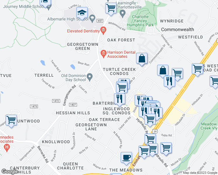 map of restaurants, bars, coffee shops, grocery stores, and more near 2517 Hydraulic Road in Charlottesville