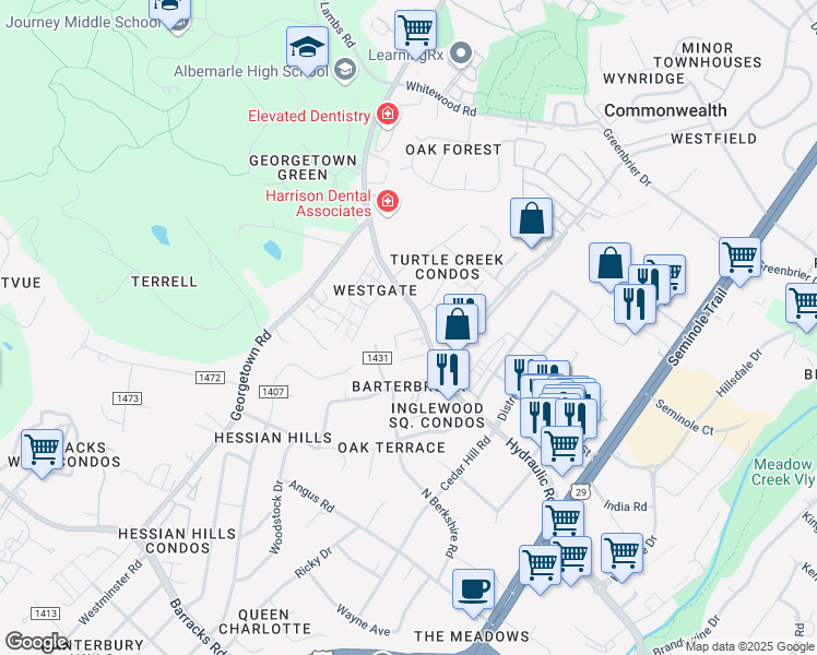 map of restaurants, bars, coffee shops, grocery stores, and more near 2527 Hydraulic Road in Charlottesville