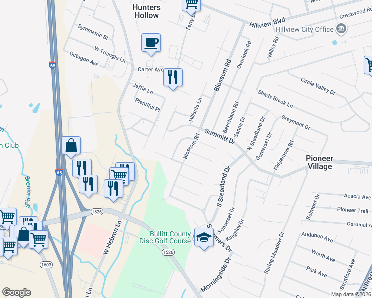 map of restaurants, bars, coffee shops, grocery stores, and more near 751 Blossom Road in Louisville