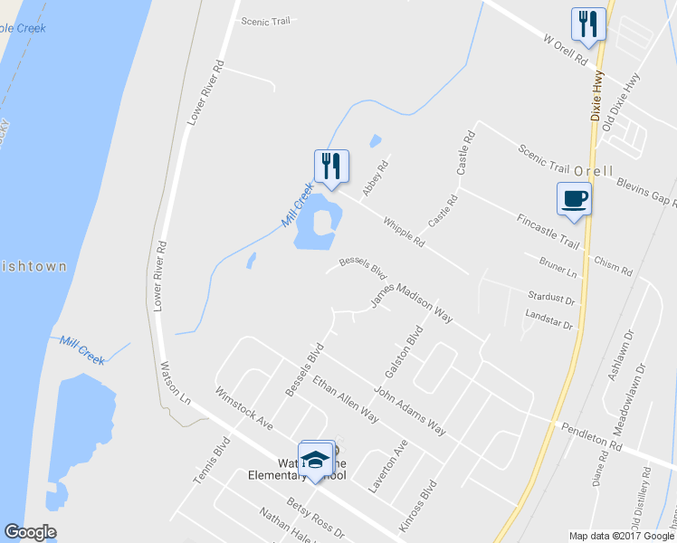 map of restaurants, bars, coffee shops, grocery stores, and more near 13035 Bessels Boulevard in Louisville