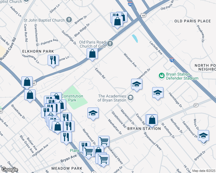 map of restaurants, bars, coffee shops, grocery stores, and more near 124 Eastin Road in Lexington