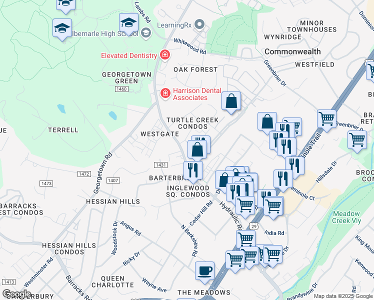 map of restaurants, bars, coffee shops, grocery stores, and more near 104 Turtle Creek Road in Charlottesville