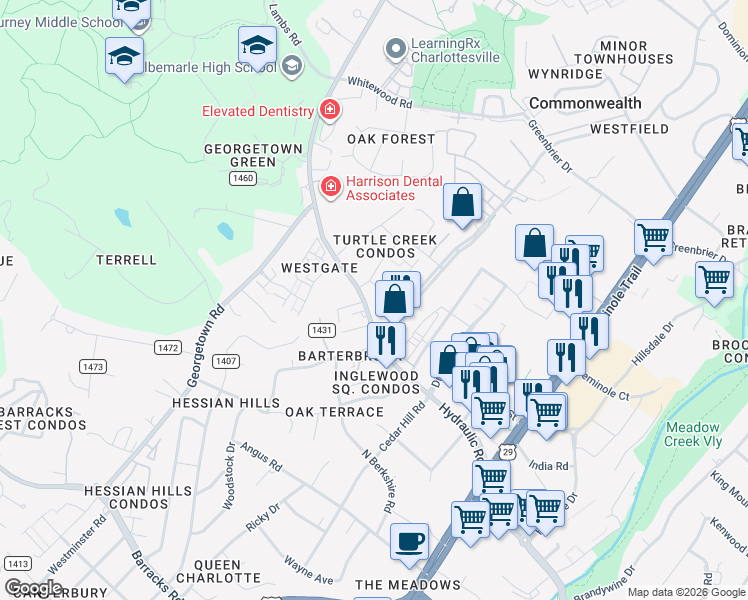 map of restaurants, bars, coffee shops, grocery stores, and more near 102 Turtle Creek Road in Charlottesville