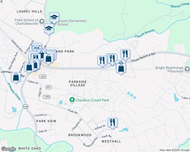 map of restaurants, bars, coffee shops, grocery stores, and more near 5431-5467 Union Mission Lane in Crozet