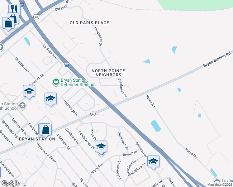 map of restaurants, bars, coffee shops, grocery stores, and more near 372 Preakness Drive in Lexington