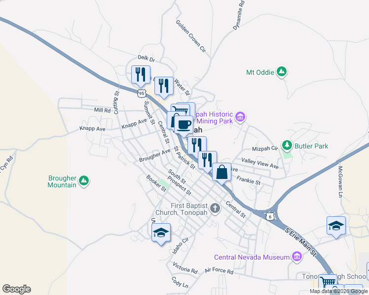 map of restaurants, bars, coffee shops, grocery stores, and more near 100 North Main Street in Tonopah