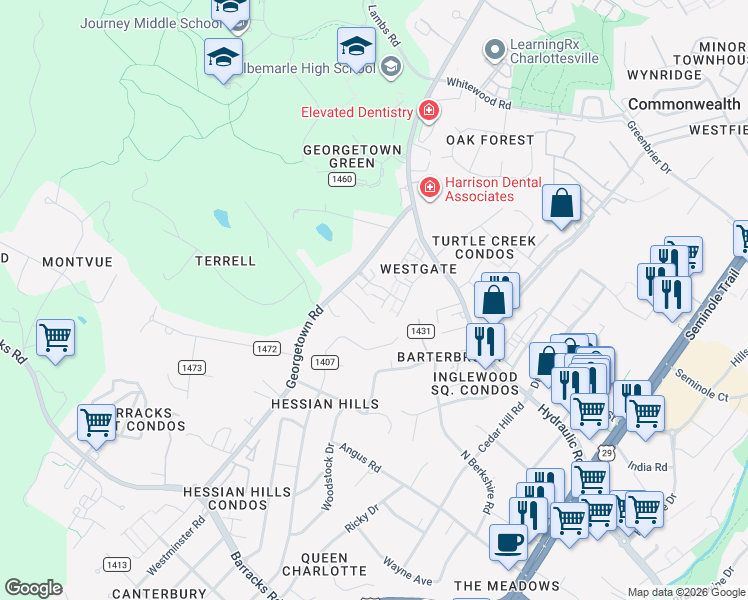 map of restaurants, bars, coffee shops, grocery stores, and more near 77 Barclay Place Court in Charlottesville