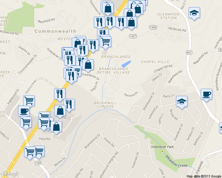 map of restaurants, bars, coffee shops, grocery stores, and more near Greenbrier Drive in Charlottesville