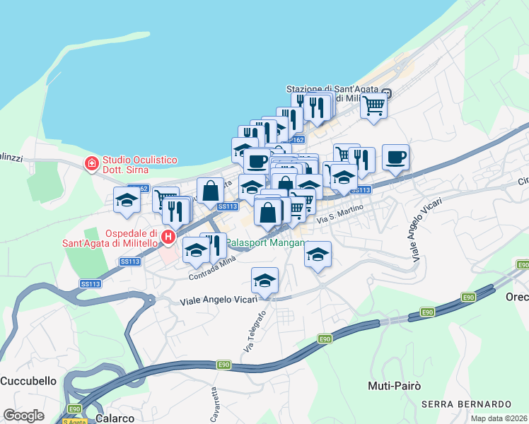 map of restaurants, bars, coffee shops, grocery stores, and more near Vicolo delle Scuole in Sant'agata di Militello