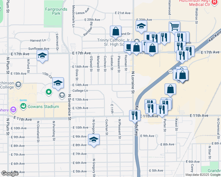 map of restaurants, bars, coffee shops, grocery stores, and more near 1318 Landon Street in Hutchinson