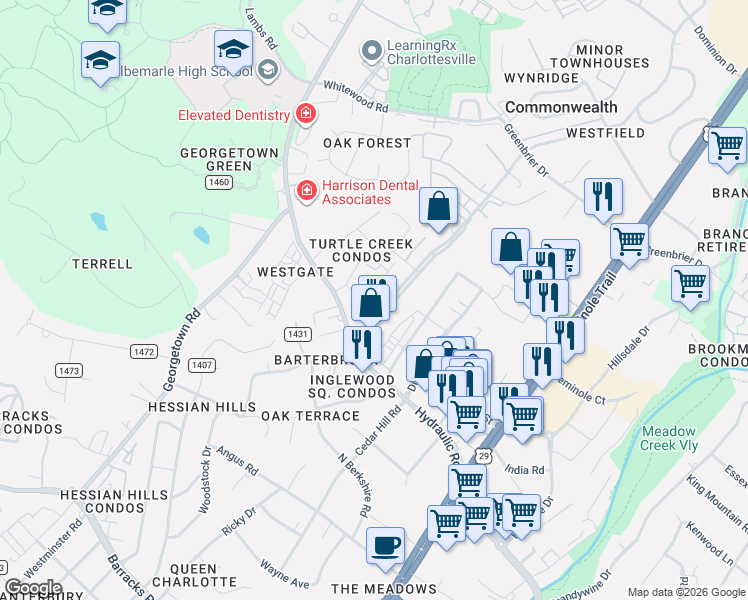 map of restaurants, bars, coffee shops, grocery stores, and more near 118 Turtle Creek Road in Charlottesville