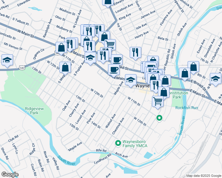 map of restaurants, bars, coffee shops, grocery stores, and more near 301 Pine Avenue in Waynesboro